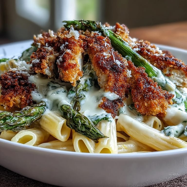 A fork lifts a bite of Crispy Parmesan Asparagus Chicken Pasta showing tender chicken and crisp asparagus.