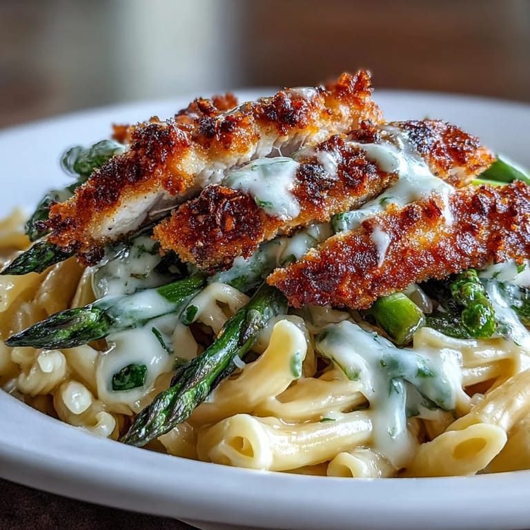 The finished Crispy Parmesan Asparagus Chicken Pasta is served warm in a white bowl with fresh parsley.