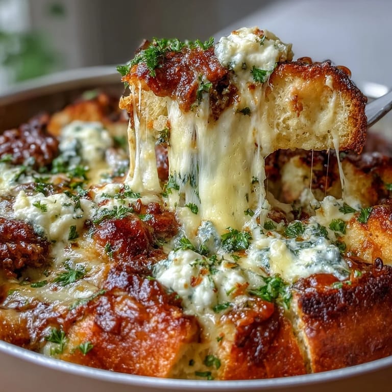 A close-up of Cheesy Garlic Bread Lasagna Skillet shows rich red sauce nestled between buttery bread cubes and a golden cheese crust.