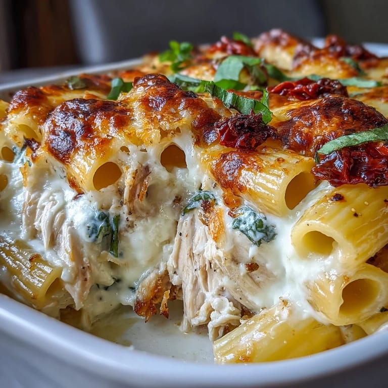 A close-up slice of Greek Yogurt Chicken Alfredo Bake reveals creamy sauce, shredded rotisserie chicken, and sun-dried tomatoes.