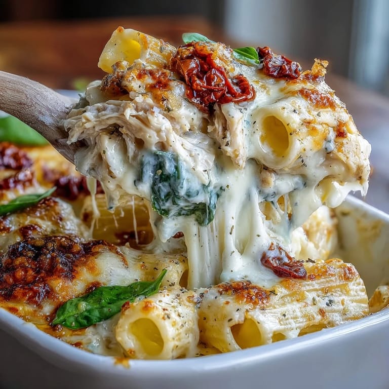 Freshly baked Greek Yogurt Chicken Alfredo Bake in a white dish with steam rising, served with a green salad side.