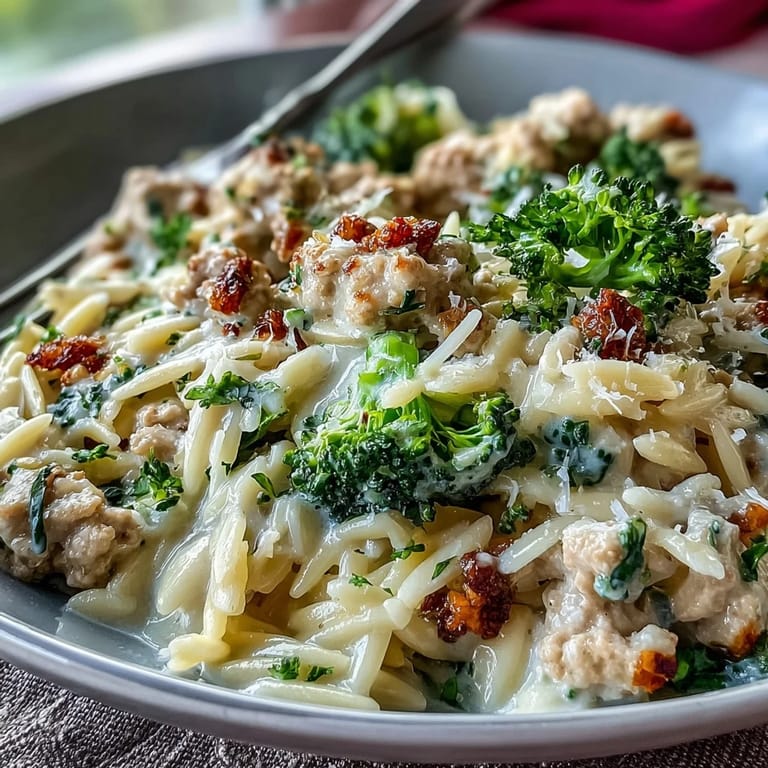 Family-style bowl of Creamy Garlic Turkey & Broccoli Orzo next to a crisp white wine for a cozy dinner.