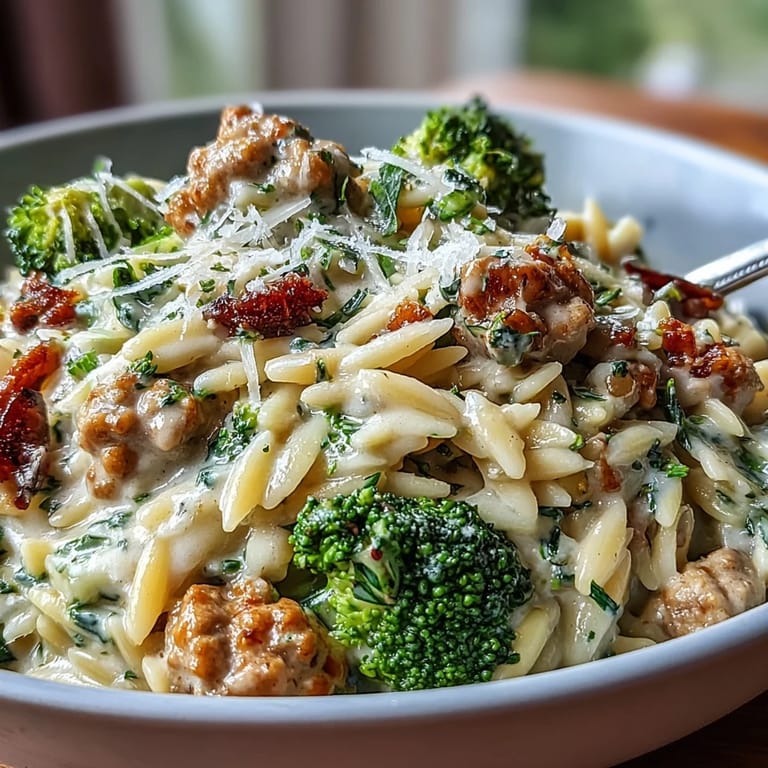 A close-up of Creamy Garlic Turkey & Broccoli Orzo showing silky sauce coating orzo and juicy turkey bits.