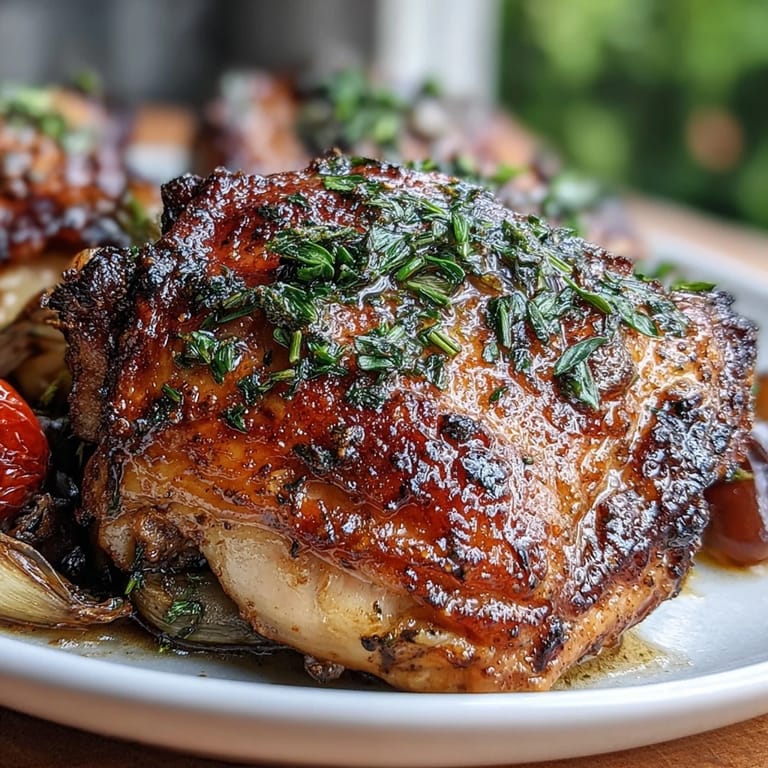 Juicy bone-in chicken thighs roasted with artichokes, Kalamata olives, cherry tomatoes, and aromatic herbs in a one-pan Mediterranean feast.  