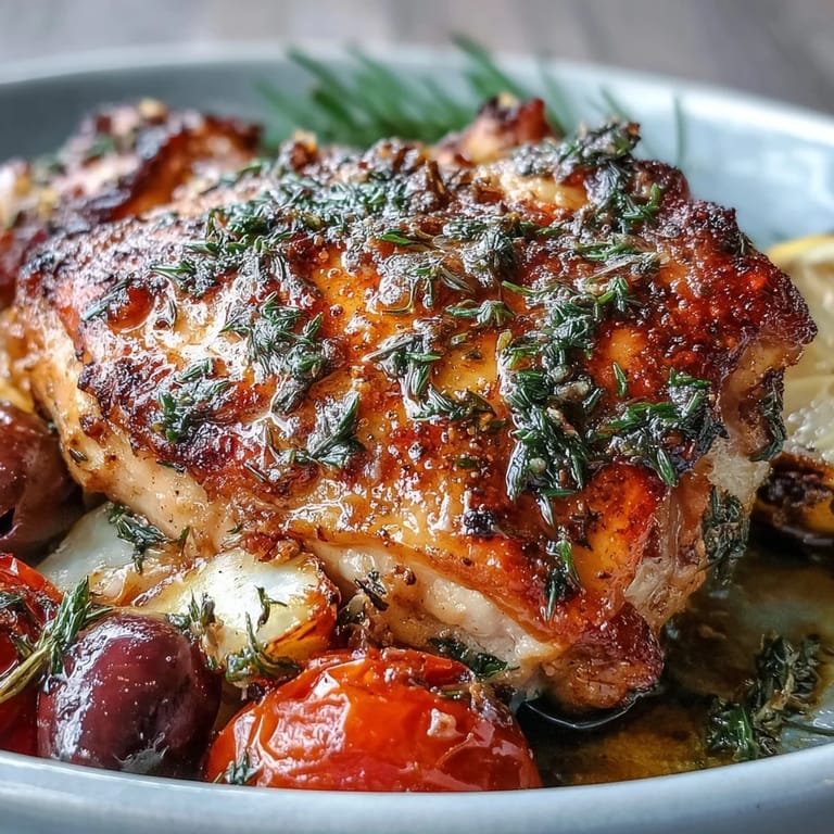 Aromatic One-Pan Mediterranean Chicken with Olives and Artichokes, featuring seared chicken, colorful vegetables, and a zesty lemon-herb finish.