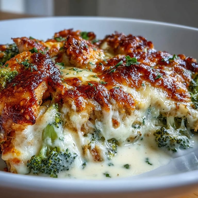 Golden-brown Keto Cheesy Broccoli Chicken Bake, bubbling with gooey cheese and savory herbs, perfect for a satisfying keto dinner.