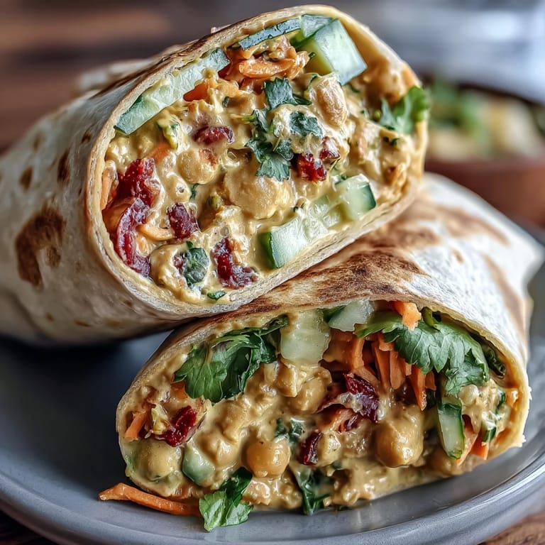 Delicious plant-based curry chickpea salad wraps bursting with coconut yogurt, crunchy vegetables, and aromatic spices, perfect for a healthy and satisfying meal.