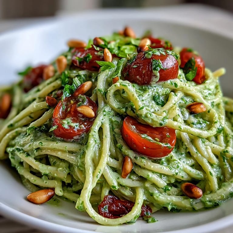 A vibrant bowl of al dente pasta coated in rich avocado-lime sauce, topped with sweet cherry tomatoes and fresh basil.  