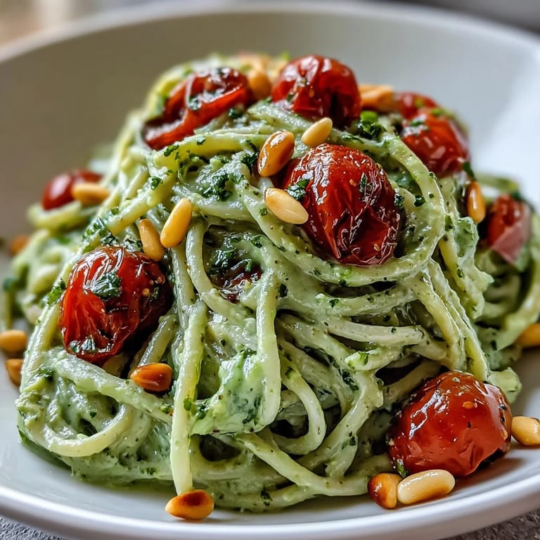 Bright and zesty vegan pasta dish featuring smooth avocado sauce, juicy cherry tomatoes, and a hint of chili for extra flavor.
