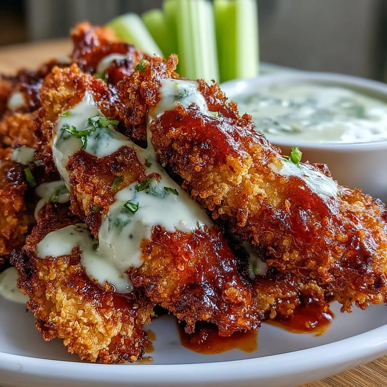 Golden-brown chicken tenders tossed in spicy buffalo sauce, paired with cool ranch dip and crunchy celery sticks—perfect keto appetizer or main dish.