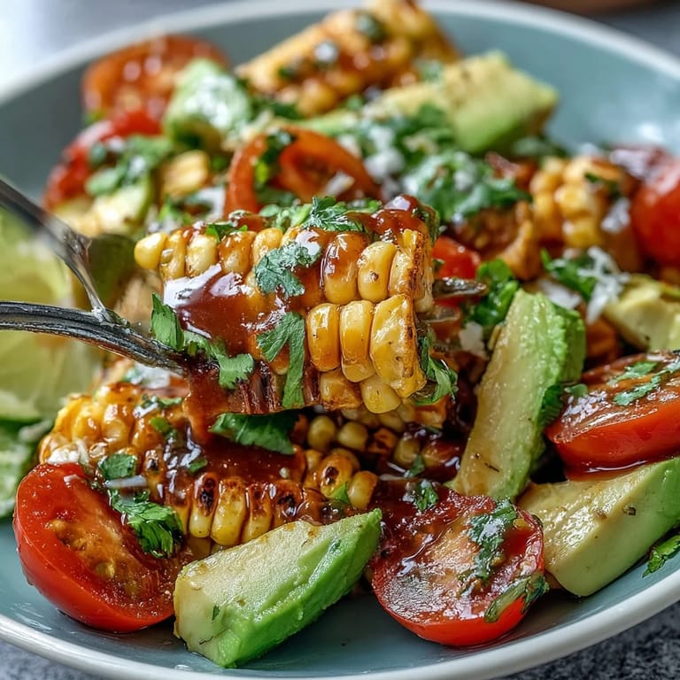 Colorful corn, tomato, and avocado salad tossed in a bright lime dressing, offering fresh flavors and vibrant textures.