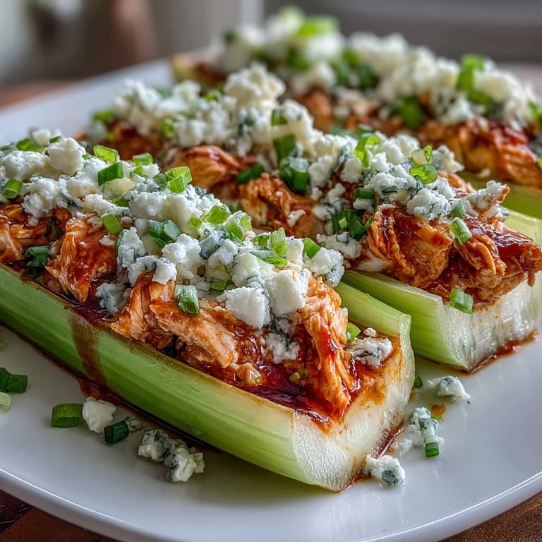 Creamy buffalo chicken mixture stuffed into fresh celery stalks, topped with rich blue cheese for a zesty low-carb snack.