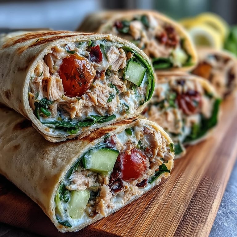 Protein-packed tuna and white bean salad wraps with zesty lemon dressing and fresh spinach for a quick healthy lunch.  