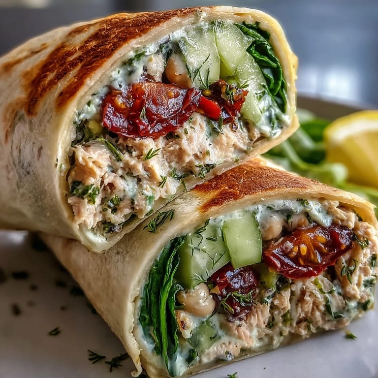 Mediterranean-inspired tuna and white bean wraps with creamy beans, crunchy veggies, and Dijon-lemon dressing for a fresh on-the-go meal.