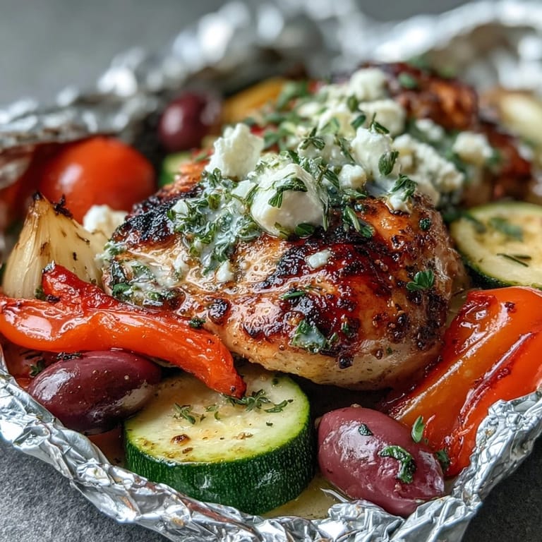 Healthy Greek chicken foil packets bursting with Mediterranean flavors, served with feta and fresh parsley.