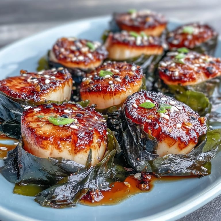 Succulent nori-wrapped scallops seared golden-brown, served with zesty ponzu dipping sauce for an elegant Japanese-inspired appetizer.