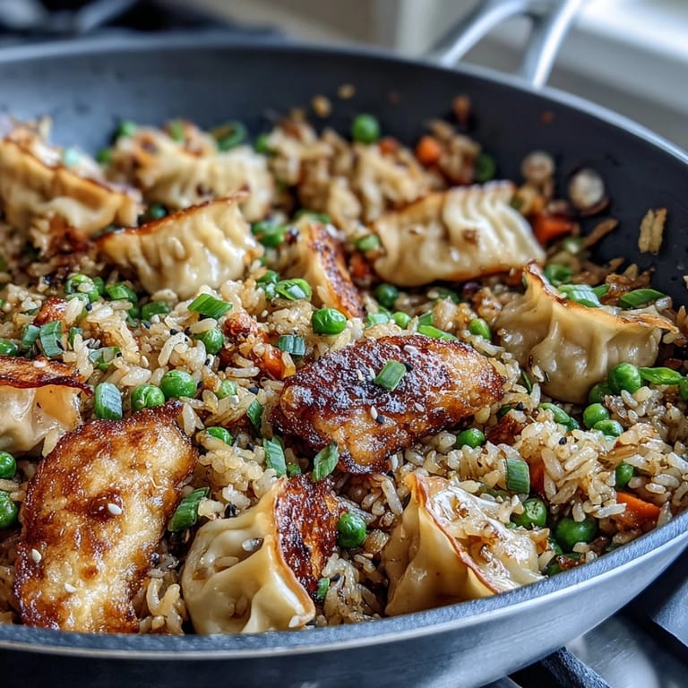 Fluffy jasmine rice stir-fried with chopped dumplings, colorful mixed vegetables, and aromatic sesame oil for an easy, satisfying meal.