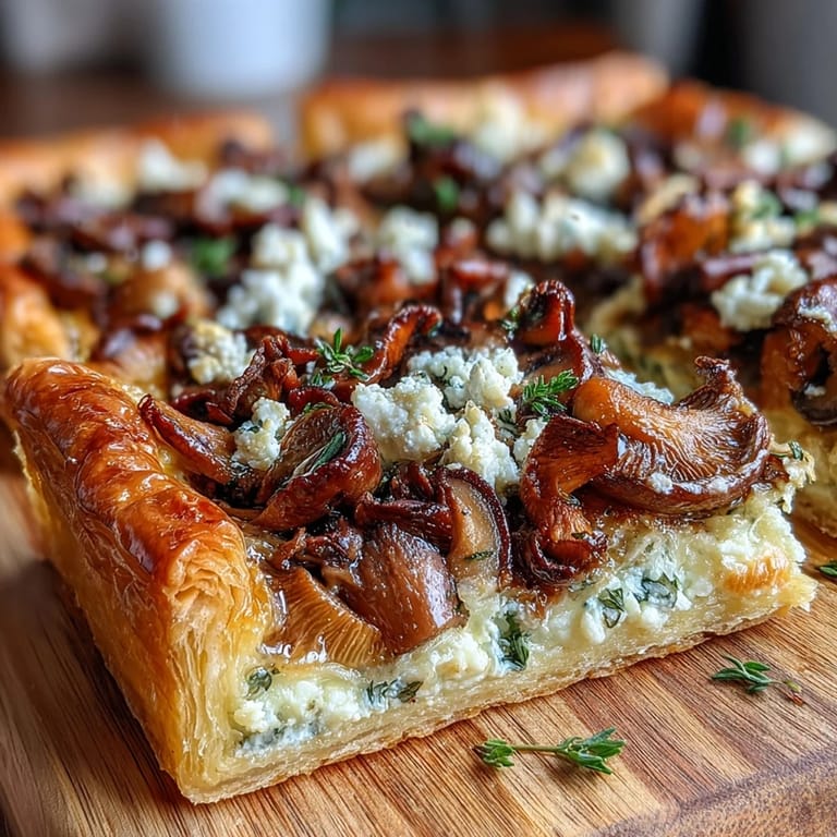 Golden puff pastry tart topped with a medley of wild mushrooms, garlic, and tangy goat cheese, ideal for brunch or gatherings.  