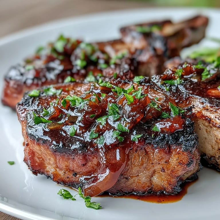Tender lamb chops with a luscious onion jam and Dijon mustard glaze, served alongside caramelized onions for a gourmet meal.