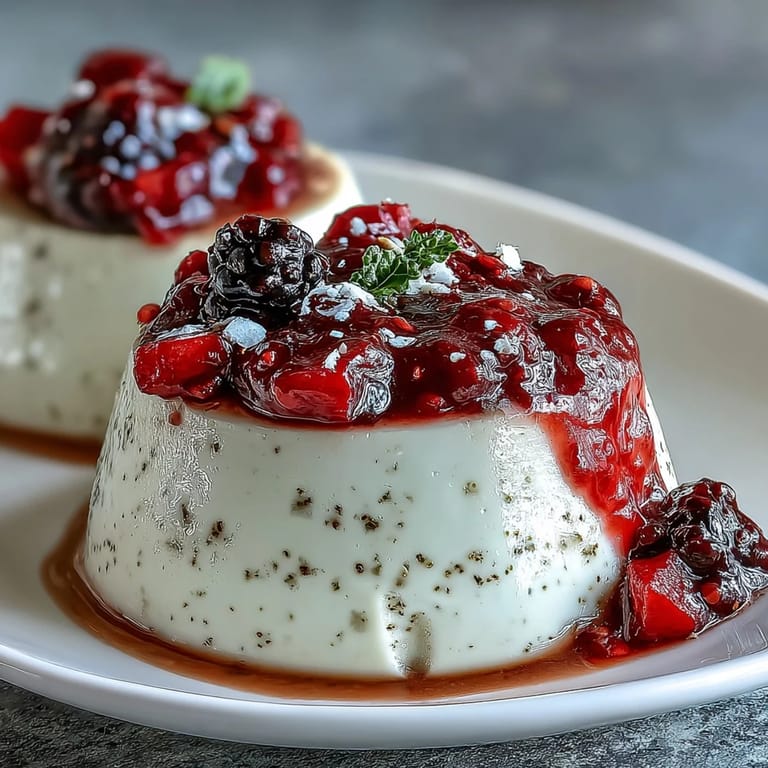 Velvety panna cotta delicately flavored with cardamom, topped with a vibrant mixed berry sauce.  
