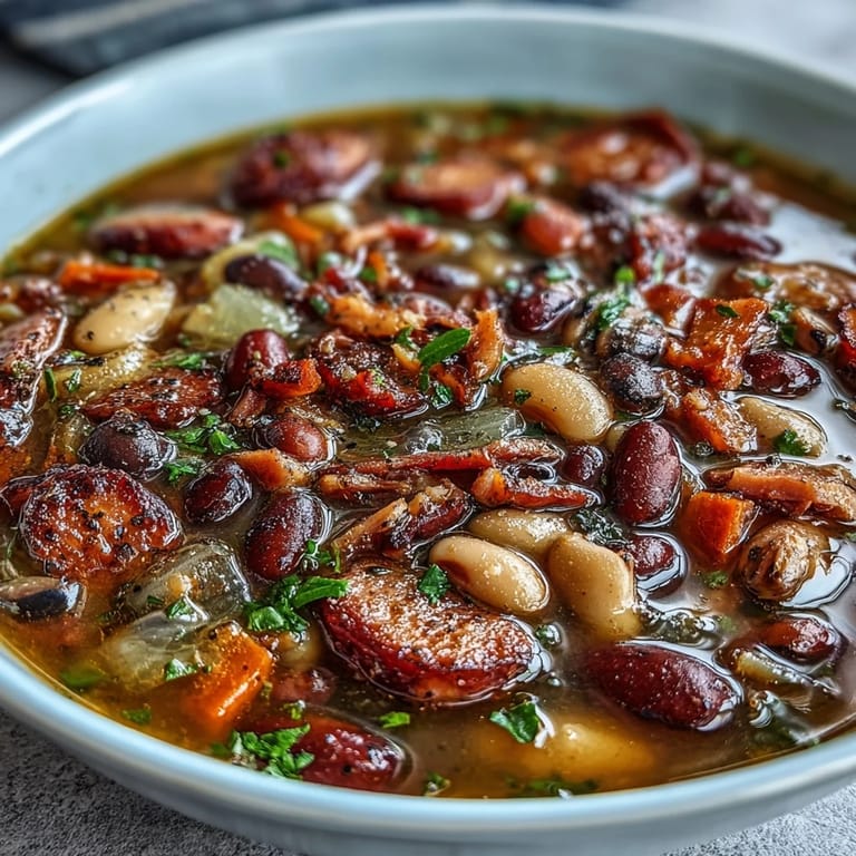 Slow-cooked 15-bean soup featuring a hearty ham bone, tender mixed beans, and aromatic vegetables in a smoky broth.