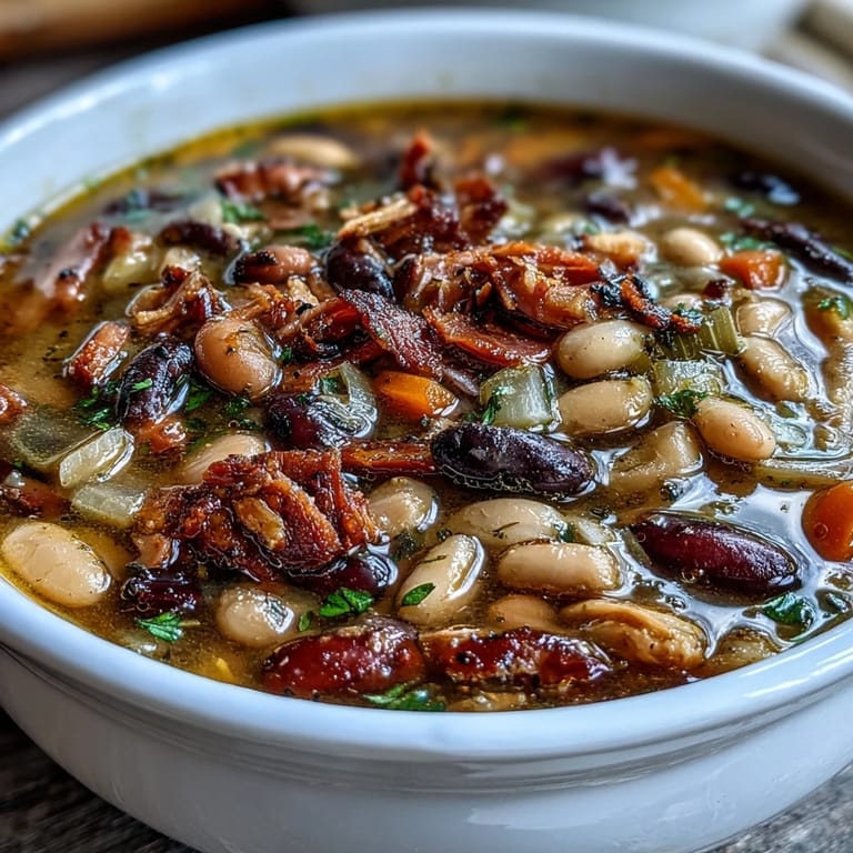 Comforting 15-bean soup with smoky ham bone, brimming with colorful vegetables and deep, savory flavors in every spoonful.