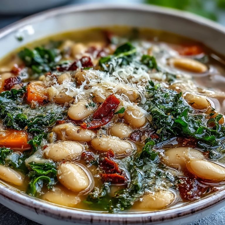 Creamy cannellini beans, wilted kale, and Parmesan cheese combine in this comforting Tuscan white bean soup, perfect for dinner.