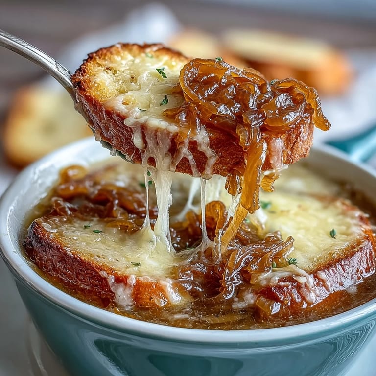 Golden sourdough baguette slices topped with melted Gruyere cheese served alongside a bowl of hearty French onion soup.