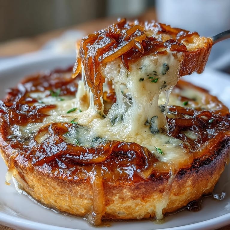 Rich French onion soup with slow-caramelized onions, savory broth, and cheesy sourdough Gruyere crostini for a comforting meal.  