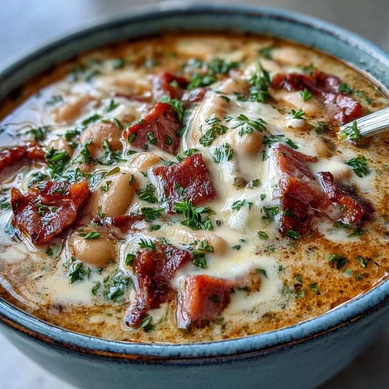 Rich and comforting Creamy Ham and White Bean Soup with Herbs, perfect for warming up on a chilly day.