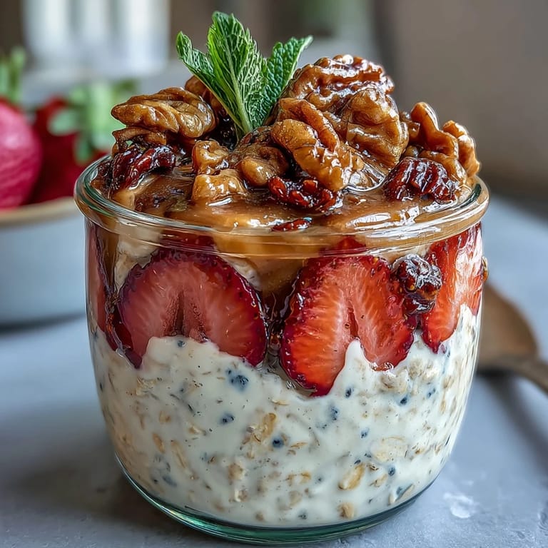 Layered strawberry overnight oats topped with crunchy, maple-glazed candied walnuts.  