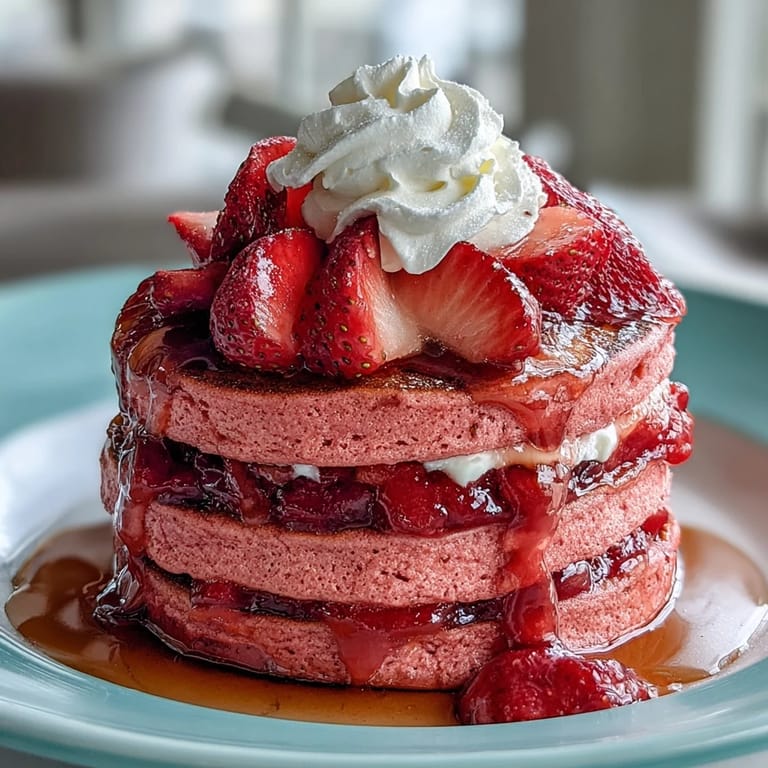 Vibrant pink pancakes made with beetroot, served with homemade strawberry compote and a dollop of yogurt for a colorful brunch spread.