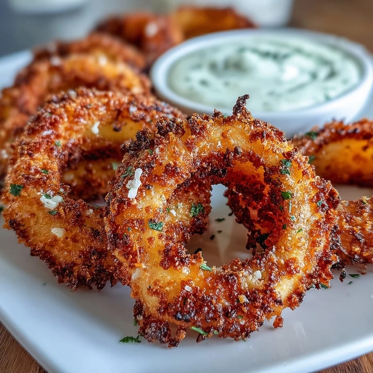 Crunchy onion rings with a Parmesan panko crust, served hot with tangy garlic aioli on the side.