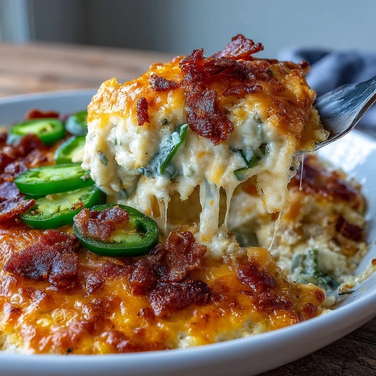 Spicy and comforting Keto Jalapeño Popper Chicken Casserole with Cauliflower Rice - loaded with melted cheddar, jalapeños, and crispy bacon for a perfect weeknight dinner.