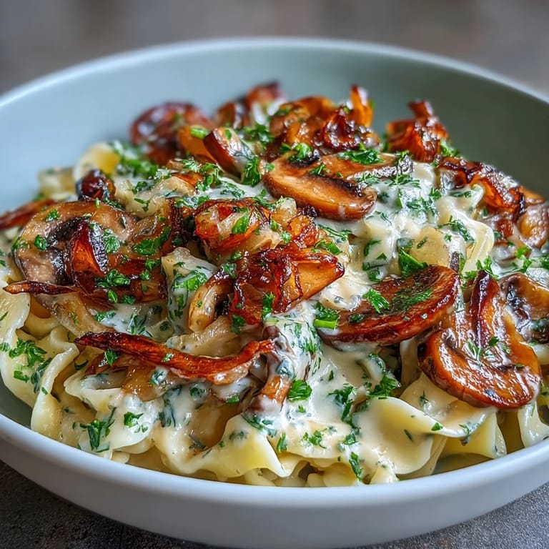 Vegetarian stroganoff with sautéed onions and mushrooms in a paprika-spiced sour cream sauce over egg noodles.  