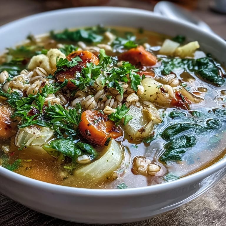 A rustic ladle scoops hearty vegetable soup with tender barley, carrots, parsnips, and cabbage simmering in rich broth.  