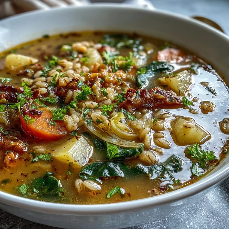Close-up of a nourishing winter-to-spring vegetable soup with barley, showcasing vibrant seasonal produce and aromatic herbs in a cozy bowl.