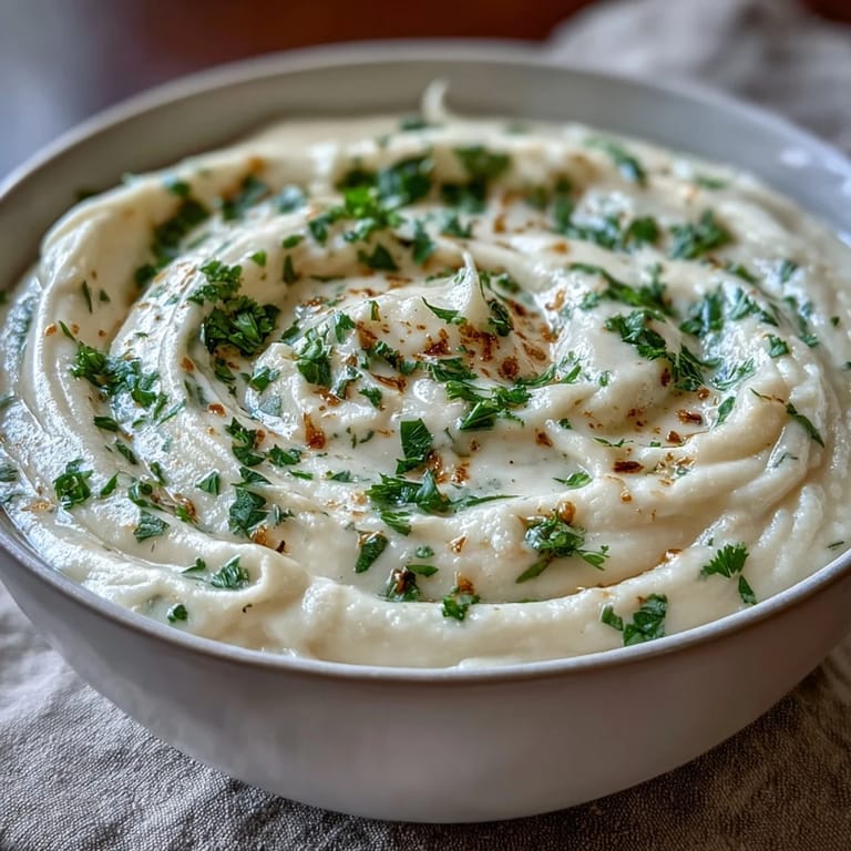 Velvety cauliflower and sweet onion soup, blended until smooth and topped with a drizzle of olive oil, served with crusty bread.  