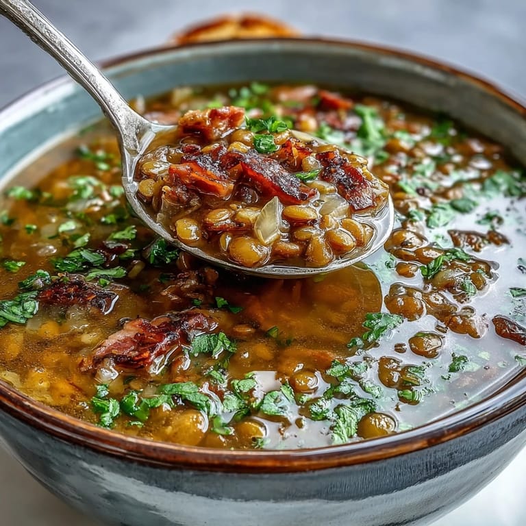 Smoky one-pot ham, onion, and lentil stew simmered with carrots, celery, and herbs for deep, satisfying flavor in every spoonful.