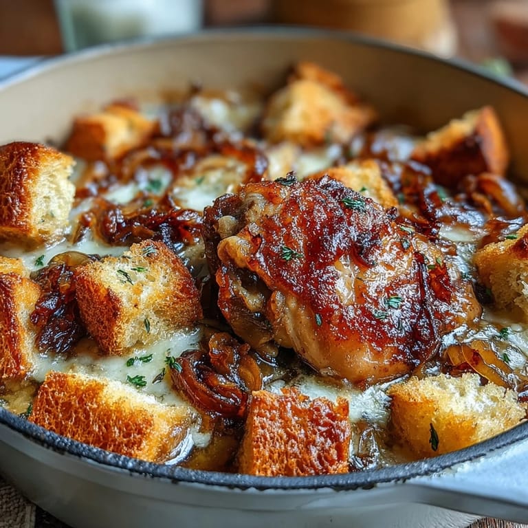Tender chicken thighs in savory caramelized onion sauce, crowned with crisp sourdough cubes and bubbling Gruyère cheese.