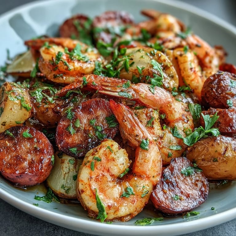 Juicy shrimp and hearty sausage combine with potatoes and corn, seasoned with Old Bay and roasted in foil.