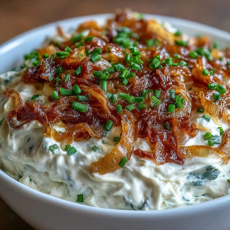 Rich and tangy caramelized onion dip made with creamy Greek yogurt, perfect for parties or snacking with crackers.  