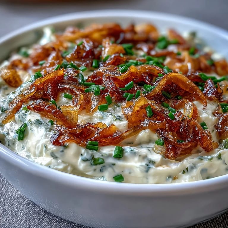 Golden caramelized onions blended into a smooth Greek yogurt dip, topped with herbs and ideal for vegetable sticks.