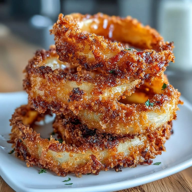 Oven-baked onion rings with a crunchy coating and served alongside a zesty, smoky paprika dip for a flavorful vegetarian snack or party platter.