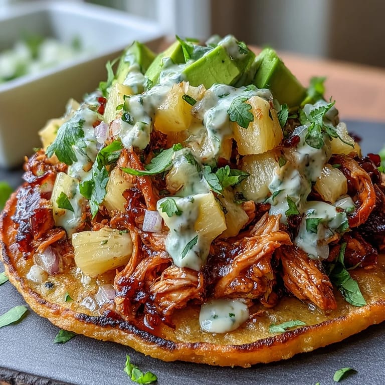 Baked chicken, colorful pineapple salsa, and zesty lime crema served on crunchy tostadas for a satisfying, bright dish.