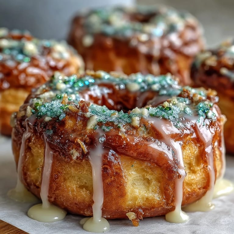 Soft baked King Cake donuts with cinnamon spice, lemon zest, and a rainbow of purple, green, and gold sprinkles.