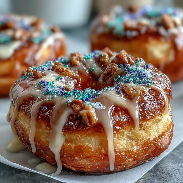 Homemade King Cake donuts glazed with creamy vanilla icing and decorated in traditional Mardi Gras colors for a joyful dessert.