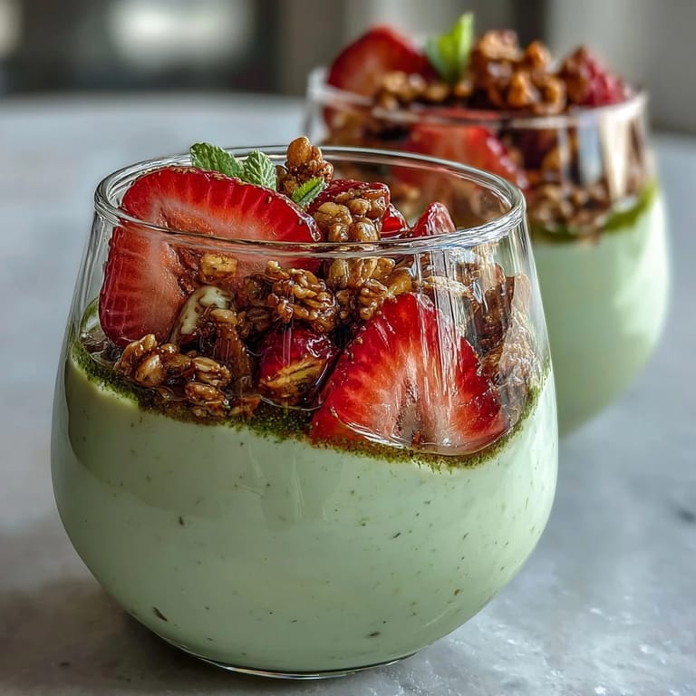 Creamy matcha-infused Greek yogurt parfait with juicy strawberries and golden granola, garnished with nuts and mint for a refreshing treat.