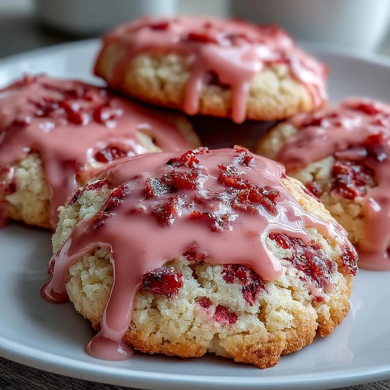 Delicious strawberry sugar cookies topped with luscious pink icing, bursting with real berry flavor in every bite.