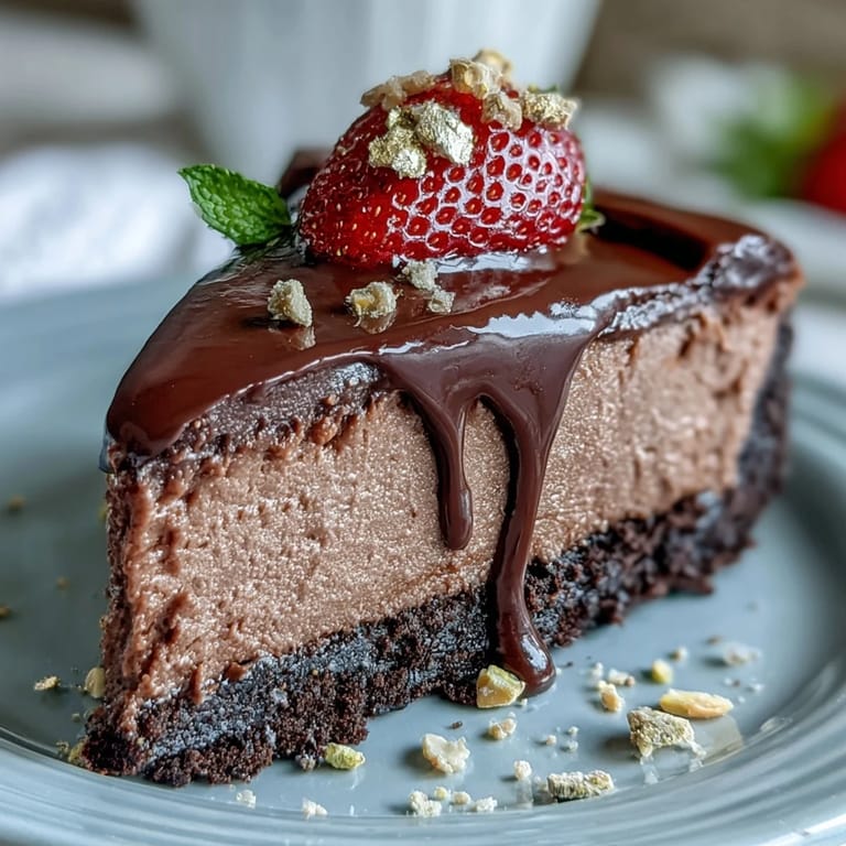 Elegant mini cheesecake cups featuring creamy filling, juicy strawberries, and a luxurious chocolate drizzle for a Dubai-inspired dessert.